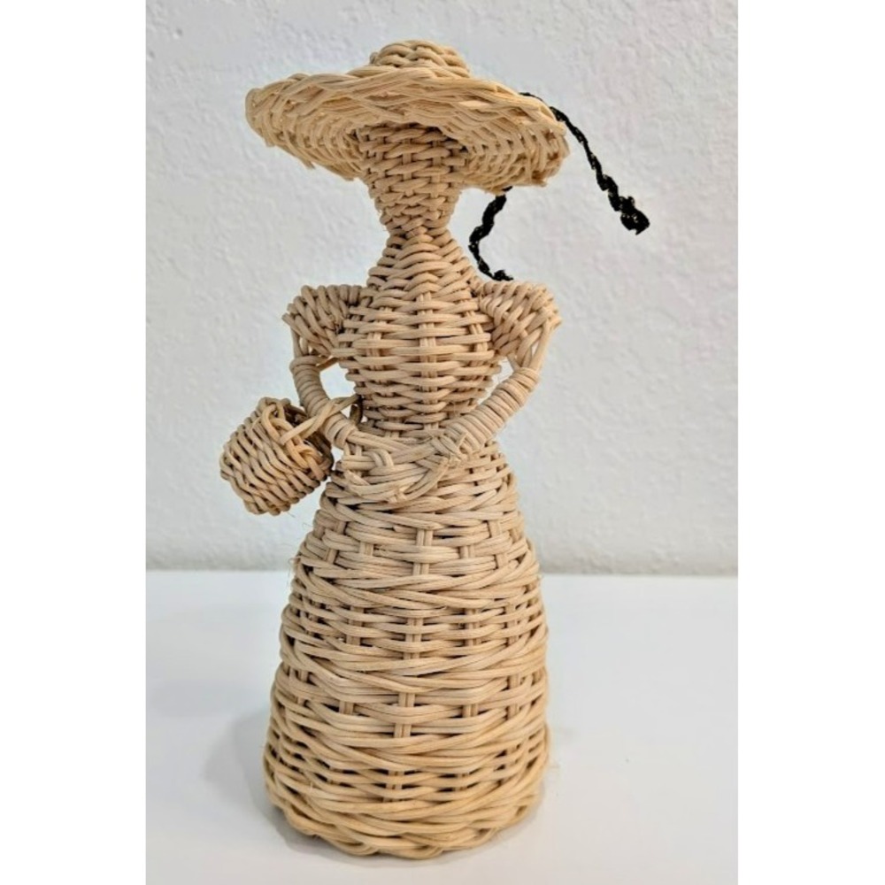 Woven Wicker Lady With Her Basket And Straw Hat Vintage Natural Wicker Unique